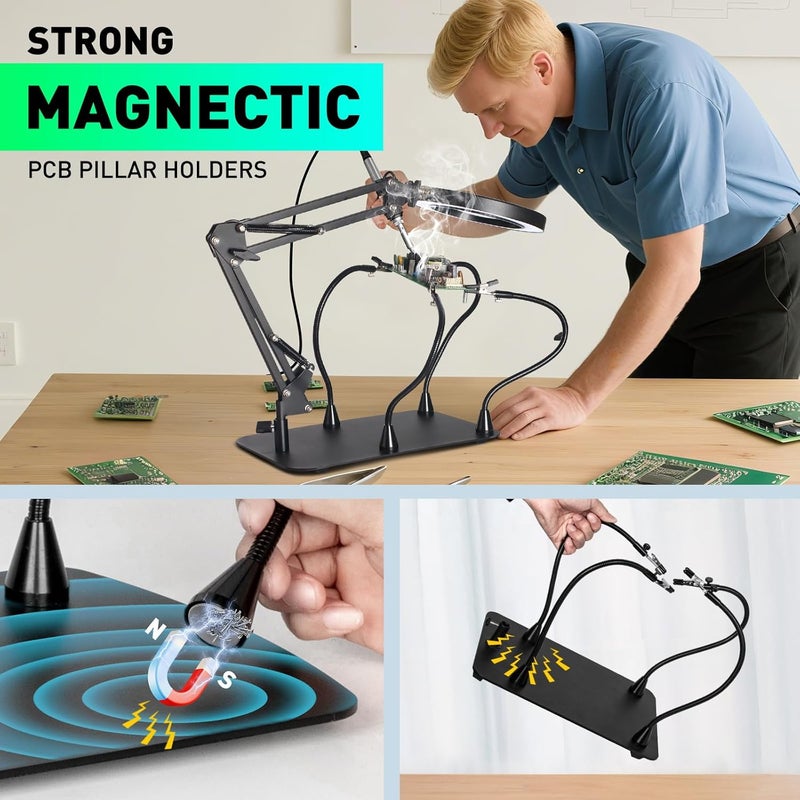 KUVRS 10X Magnifying Glass with Light and Stand, Magnetic Helping Hands Soldering Station, PCB Holder Magnifying Lamp, 3 Color Adjustable Arm Hands Free Magnifier with Light for Soldering Craft Hobby - Image 3
